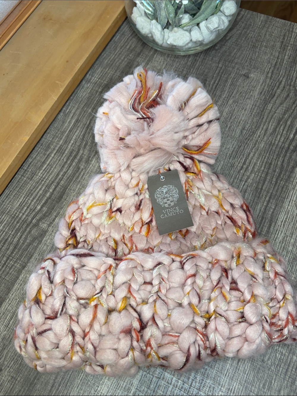 Vince Camuto Women’s Blush Pink Knit Pom Beanie with Multicolor Thread